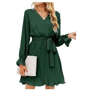 NWT Women's Wrap V‎ Neck Short Dress Pleated Tie Waist Long Puff Sleeve